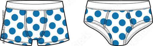 Technical vector illustration, men underwear boxer briefs and briefs, front and back views, patterned apparel design for fashion manufacturing use