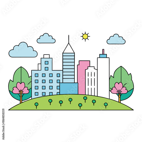 Bustling city streets bloom with springtime charm—sunlight glints off buildings, flowers brighten sidewalks, and gentle breezes carry the fresh scent of renewal.
