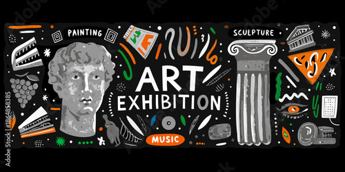 A colorful art exhibition poster displaying painting sculpture and music elements