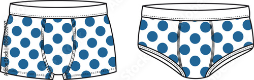 Technical vector illustration, men underwear boxer briefs and briefs, front views, polka dot pattern apparel design for fashion manufacturing