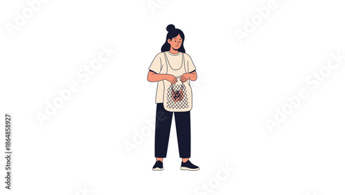 Young woman shopping with a reusable net bag filled with vegetables on a white background