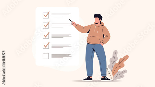 Young man reviewing a checklist with checkmarks and explanatory notes in a minimalistic style