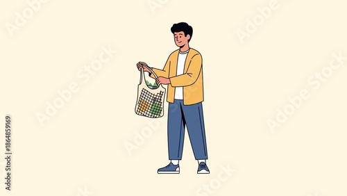 Casual young man shopping with a reusable shopping bag in a minimalistic style