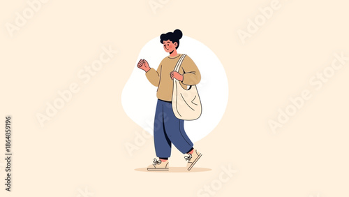 Casual young woman walking cheerful style carrying a tote bag minimalistic illustration
