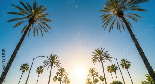 Low angle view of tall palm trees lining a street under a bright sun and clear blue sky in California, creating a beautiful tropical summer landscape.