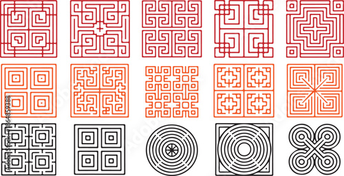 Collection of diverse traditional geometric patterns and labyrinthine motifs