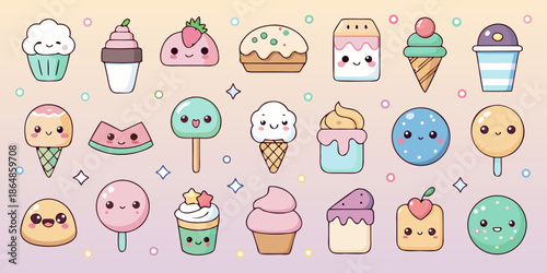 Cute Hand-Drawn Dessert and Sweets Icon Collection
,Whimsical Doodle Style Bakery and Ice Cream Vector Set