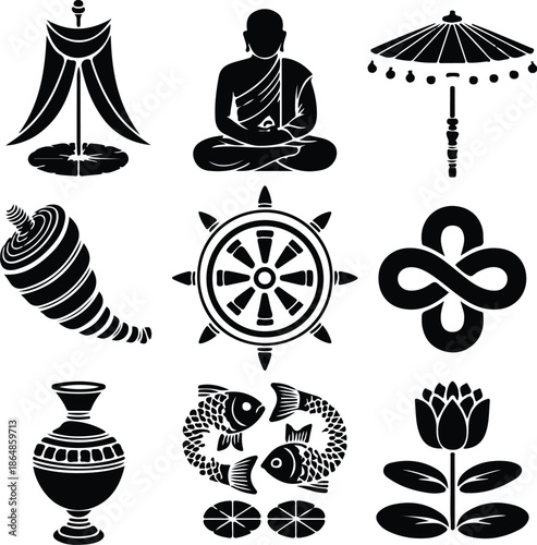 Diverse Sacred Symbols Representing Buddhist Teachings and Auspicious Blessings