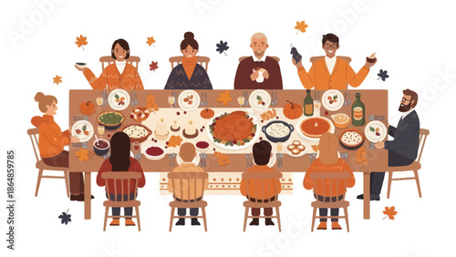 A diverse group of people enjoying a festive autumn meal together around a long table filled with food with thanksgiving with gathering