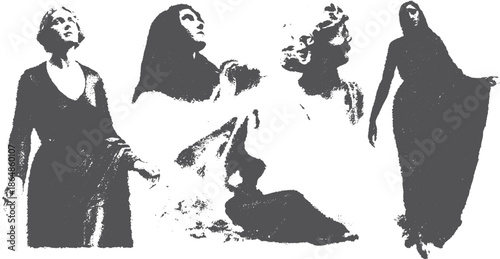 Classic black and white illustration featuring women in dramatic poses. This artistic set showcases elegance and vintage fashion while emphasizing expression and gesture.