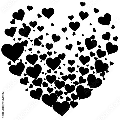 Scattering black hearts forming a larger heart shape