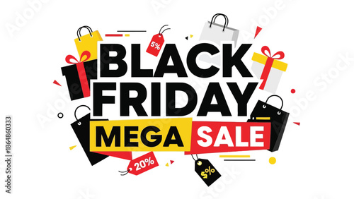 Black friday mega sale shopping concept with colorful bags and discount tags on white background for marketing and advertising with sign