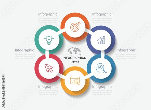 Circular infographic vector diagram with 6 steps or option. Each section includes icons, text placeholders.