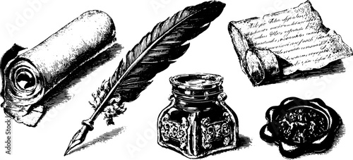 Scroll, quill, ink, and seal in a vintage style. Detailed vector illustration of writing tools and parchment documents in black.