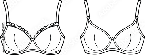 Women lingerie bra line drawing, front view illustration for fashion design, underwear development, apparel manufacturing reference vector sketch technical flat
