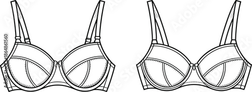 Women lingerie bra technical line drawing, front view illustration for fashion design, underwear development, apparel manufacturing reference, flat sketch vector