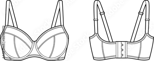 Women lingerie bra technical line drawing, front and back view illustration for fashion design, apparel production, underwear manufacturing reference