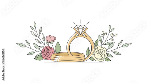 Engagement ring with diamond surrounded by flowers and leaves, wedding symbol, golden jewelry, romantic gesture, proposal with gold ring