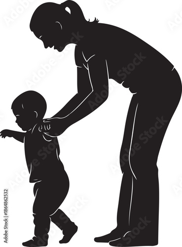 Adult Helping Toddler Walk Silhouette Isolated on Transparent Background