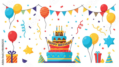 Vibrant birthday celebration scene with multi tiered cake, balloons, confetti, and party decorations on white background with festive