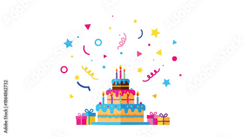 A colorful illustration of a multi tiered birthday cake with blue icing and pink and yellow decorations surrounded by gifts with party