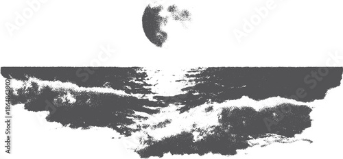 Ocean waves and a moon silhouette create a serene black and white vector illustration. The minimalist landscape evokes a calming atmosphere.