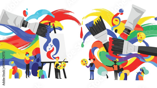 Vibrant artistic scene with people painting colorful artwork with large brushes and tubes of paint on easel and canvas with creative