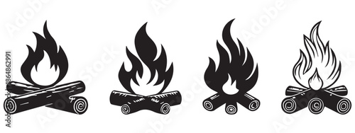 Campfire Icon Set – Bonfire Flame, Firewood, and Outdoor Adventure Design .