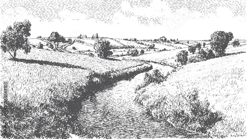 Stylized landscape vector illustration featuring a river flowing through hills and trees in black and white. A simple, serene view of nature.