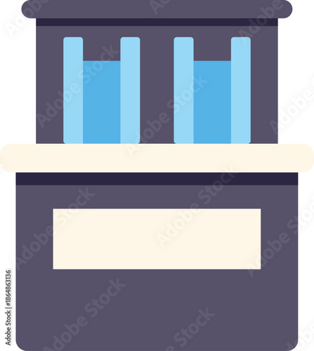 Simple flat illustration of a hydroelectric power plant building with water reserves