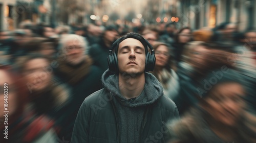 Young man standing calm with closed eyes and headphones in a blurred crowd