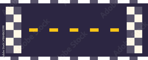 Pixel art illustration of a road with marking lines leading to finish line, isolated on white background
