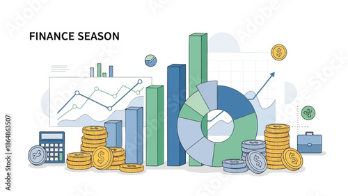 Financial analysis and business growth concept with charts, graphs, coins, calculator, briefcase, and statistics, with finance with data