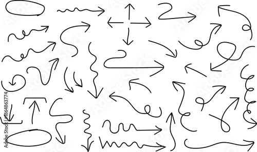 A collection of hand drawn arrows and pointers in various styles and directions for graphic design