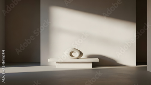 Minimalist abstract sculpture in sunlit modern interior space