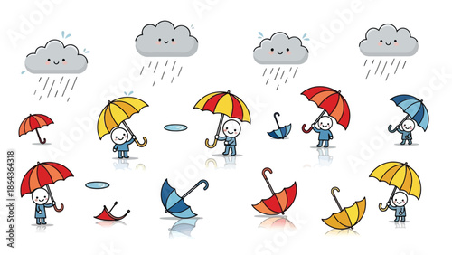 Colorful cartoon characters with umbrellas on a rainy day with smiling clouds and raindrops, playful and cheerful scene with weather