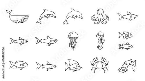 Sea creature pictogram set, clean outline vector graphics, modern minimalist logo style