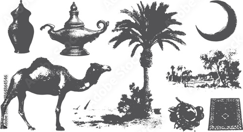 Illustration featuring a camel and palm trees with an aromatic lamp. Vintage-style vector artifacts depict a desert landscape in a set.