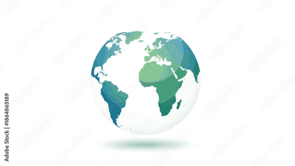 Fototapeta premium A detailed illustration of planet Earth with continents and oceans rendered in shades of green and blue, set against a pure white background with a subtle shadow