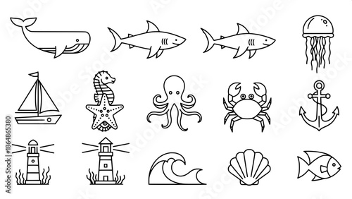 Minimal black and white marine icon pack, geometric line art, consistent spacing, flat design