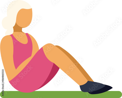 Elderly woman exercising, performing sit ups on a yoga mat, promoting healthy aging and an active lifestyle