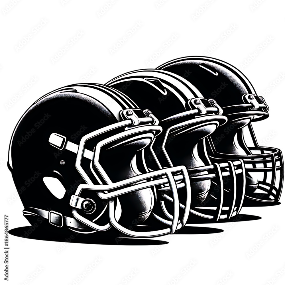 Fototapeta premium Helmet Lineup: A sleek collection of football helmets in a row, exuding power, protection, and the essence of American football spirit.