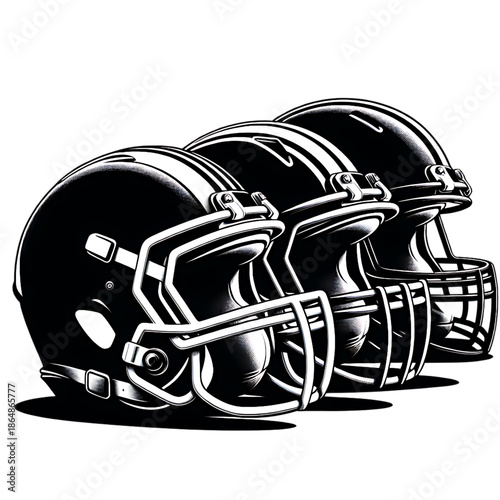 Helmet Lineup: A sleek collection of football helmets in a row, exuding power, protection, and the essence of American football spirit.