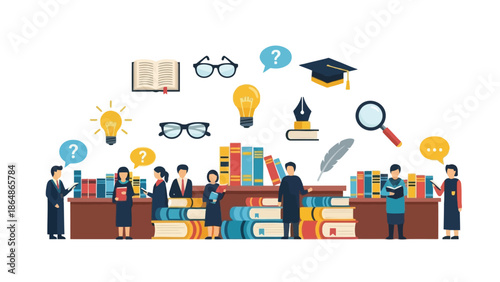 Group of diverse people studying and learning together surrounded by books, glasses, graduation caps and education related with research