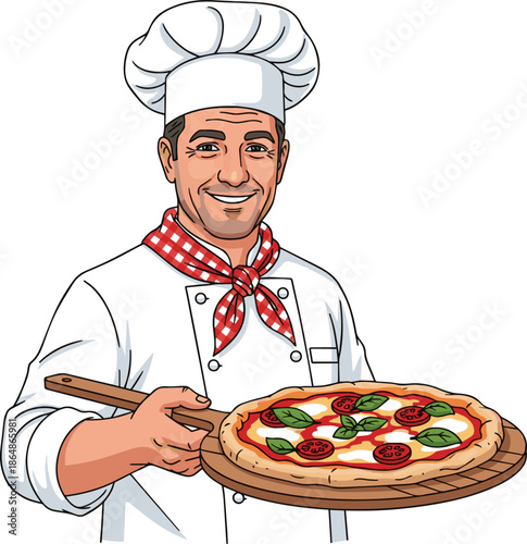 Create a realistic Italian chef holding pizza on a pizza peel vector art with white background..