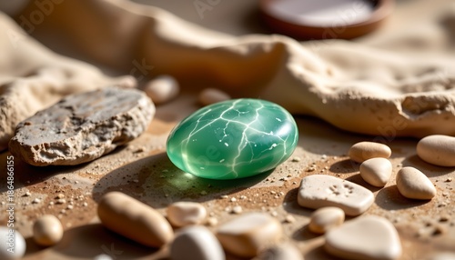 An oval shaped, blueish green stone with cracks and uneven edges, lying on a surface covered with small pebbles.