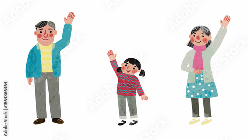 A cheerful family of three waving happily illustrated in a simple cartoon style