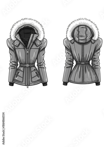 Sculpted Suiting Fashion Silhouette for 1980s Power Shoulder Trend 2026 Winter Parka and Cinched Waist Alpine Luxury Style Concept Vector
