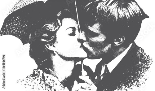 Couple kissing in a vintage black and white style. Elegant illustration capturing an intimate moment in vector art design.