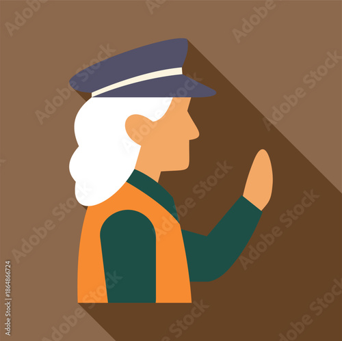 Female traffic guard in uniform stopping movement with raised hand